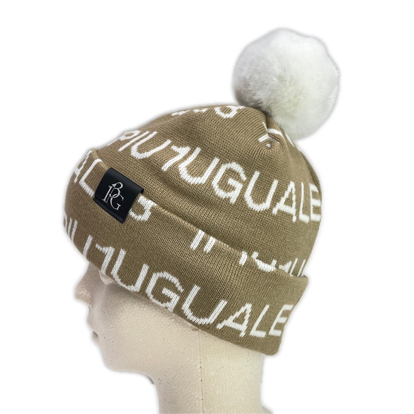 ウノピュウノウグァーレトレ 1piu1uguale3 ニット帽 フリー ベージュ ファーポンポン ロゴ総柄