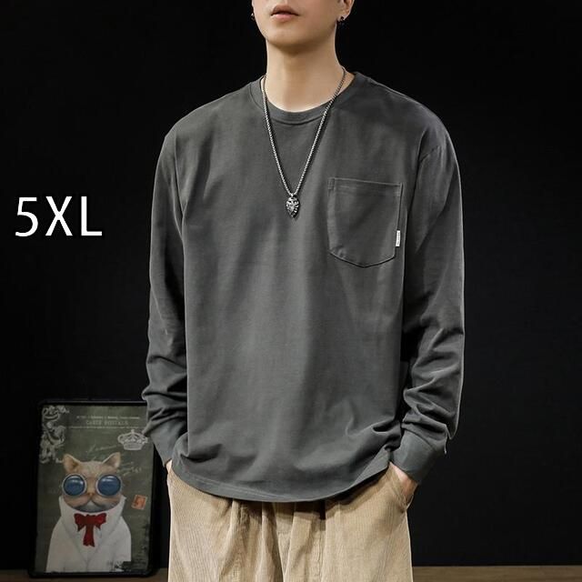 [5XL ]秋冬 コーデ メンズ  服 シンプル ファッション オシャレ 大人 かっこいい 大きいサイズ ストリート 紳士服  アメリカン 260 グラム ヘビー 綿 長袖 T シャツ ラウンドネック カジュアル 