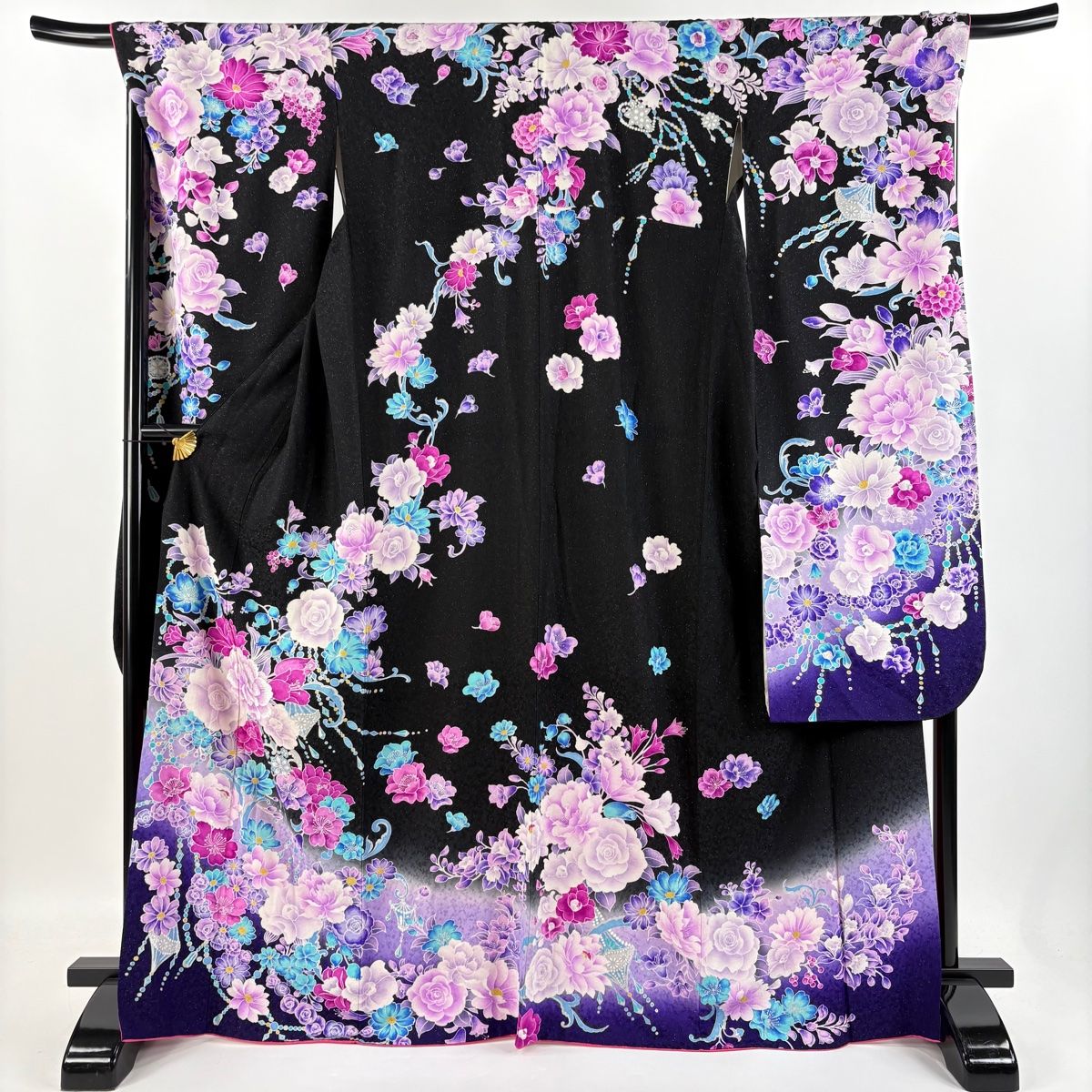 振袖 身丈166.5cm 裄丈70cm L 袷 草花 銀通し 刺繍 黒 正絹 美品 逸品  