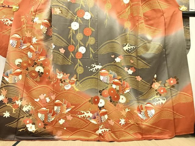 振袖　アンティーク　金駒刺繍　金彩　華紋　成人式 晴れの日 着物 045a p 平和屋着物□豪華振袖 駒刺繍 草花文 金彩 正絹 逸品 CAAU6698xe