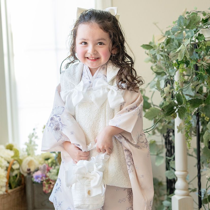 薔薇ベージュ×生成レース 京都絵師によるオリジナル柄＆レース生地の被布セット 七五三 キャサリンコテージ TAK