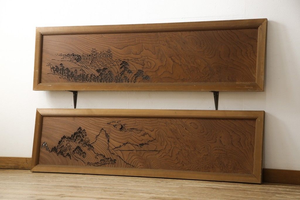 松 橋 寺院 彫刻欄間 透かし建具 2枚セット 骨董品 ガラス張り 古家具