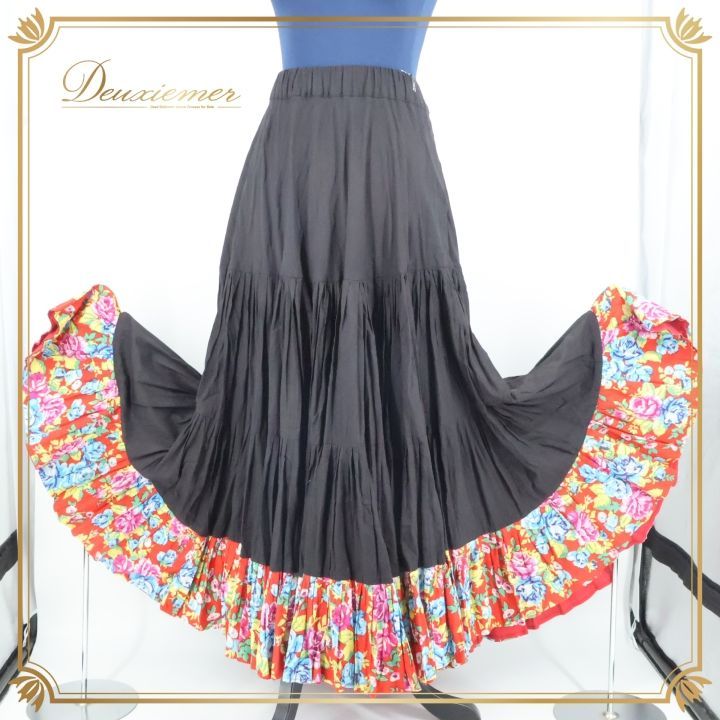 ベリーダンス 衣装 ジプシースカート バヒー 25ヤード Lサイズ ブラック系 黒 レッド系 赤 花柄 ロング ボリューム BAHEE インド製 コスチューム 花柄スカート デザインスカート ダンス衣装 カラフル おしゃれ スカート