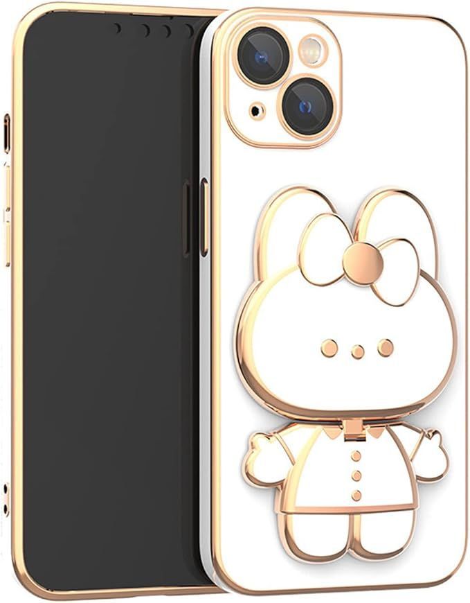 Kodani iPhone15 Pro ケース 対応 カバー iPhoneケース 漫画 韓国 面白 ウサギ匹 ネコ匹 動物 回転 スタンド おしゃれ おもしろ スマホケース 化粧鏡 TPU ソフトケース 落下防止 かっこいい アップル 