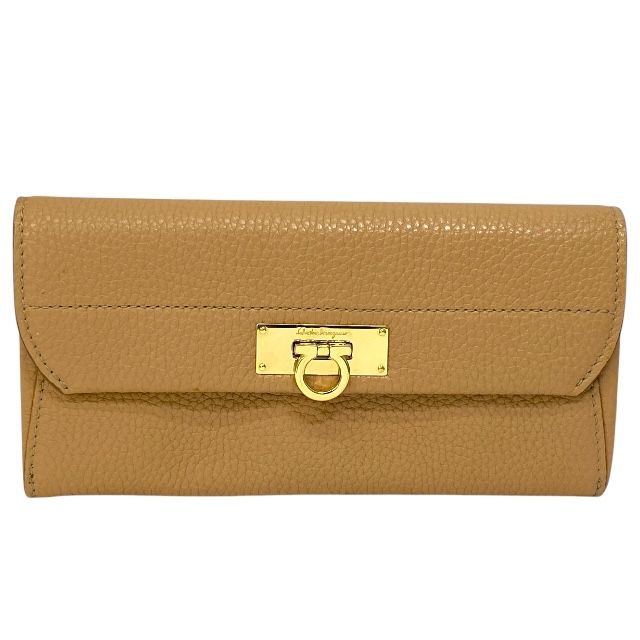 フェラガモ JL-22 C225 ガンチーニ 財布 長財布 ロングウォレット ロゴ レザー ベージュ ゴールド Salvatore Ferragamo