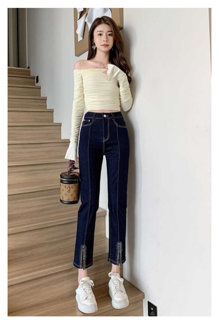 レディース ストレッチ ジーンズ スリット デニムパンツ フロントスリット入り ウェストゴム ストレートデニム ストレートパンツ クロップドパンツ パンツ キラキラ ビーズ ハイウェスト イージーパン yuzuc594838 DECORATOM_COM_BR