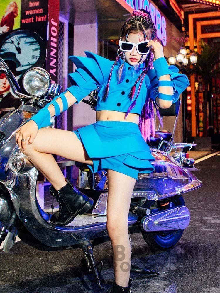 ダンス衣装 キッズ ヒップホップ ブルー セットアップ ガールズ 韓国 ステージ衣装 応援団 チア チアガール 練習着 ジャズダンス vii4w347988 LLC-HASEGAWATOSO_COM