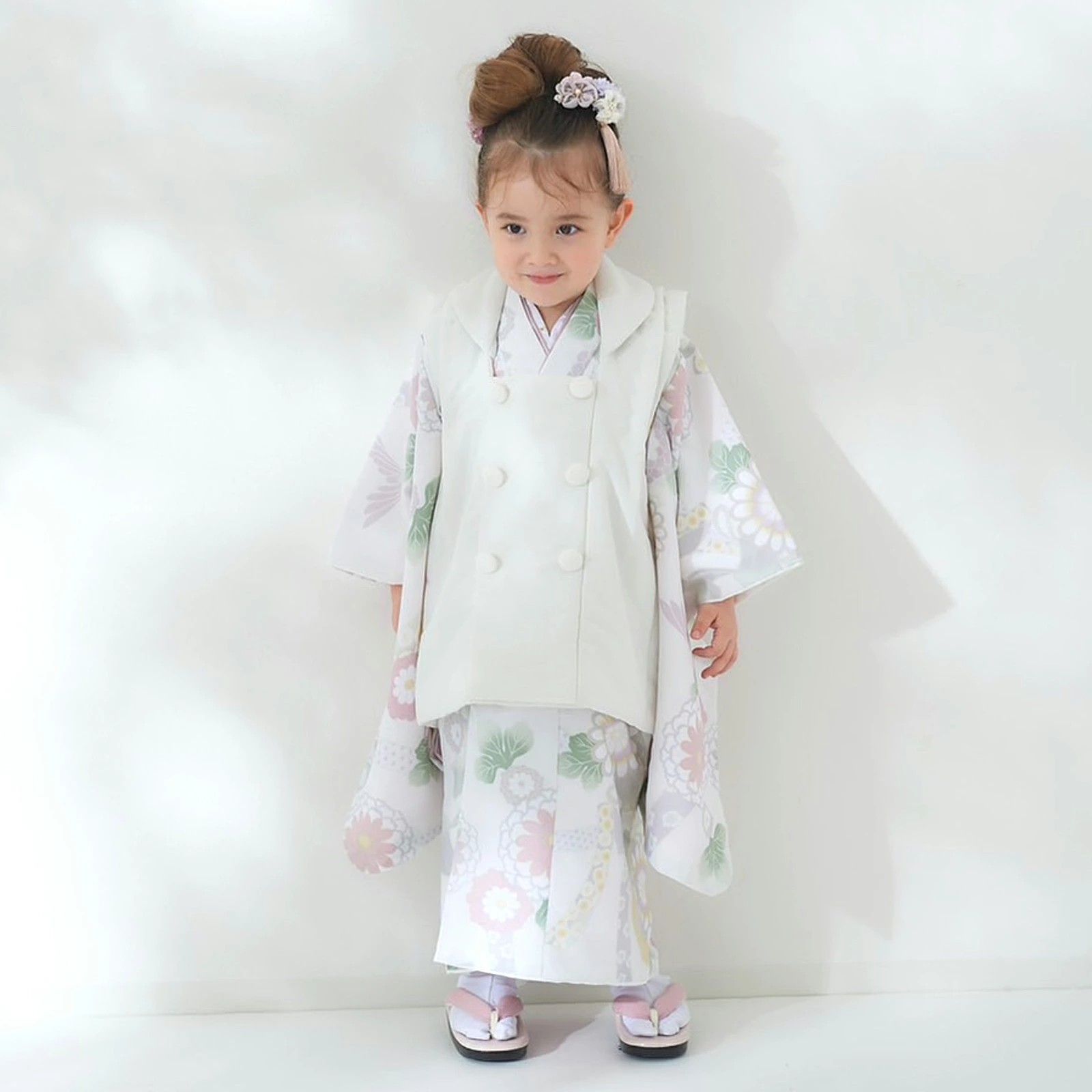 七五三 KOHARU 被布コートセット 3歳 女の子 着物 8点セット 箱入り ホワイト kh-1-C