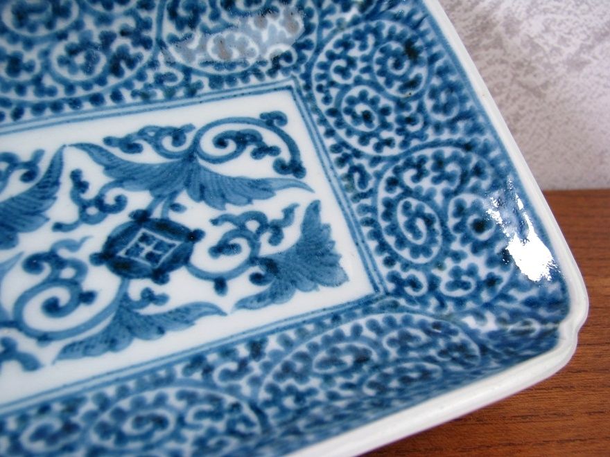 古伊万里 優品 染付 蛸唐草文長皿 No1 幅：21cm 江戸中期/25c003
