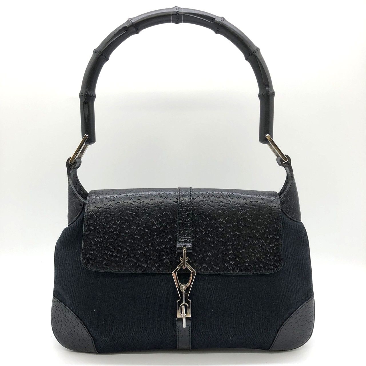 GUCCI グッチ 001 4096 ショルダーバッグ ハンドバッグ キャンバス バンブー ブラック レザー レディース メンズ ヴィンテージ