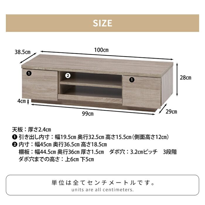 テレビ台 ローボード 引き出し収納 幅100 奥行38.5 収納棚付き TV台 リビングボード 木目調 ディスプレイ シンプル MARWIL-DEMENAGEMENTS_CH
