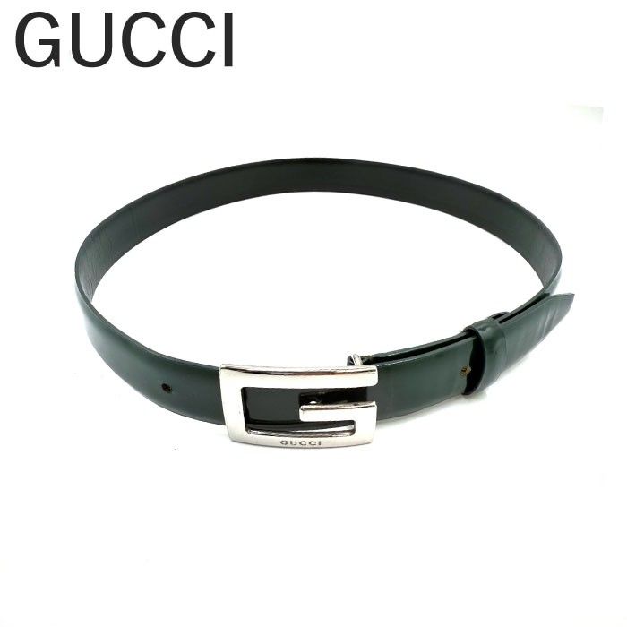 グッチ GUCCI ベルト エナメル調 細ベルト おしゃれ ダークグリーン シルバー 深緑