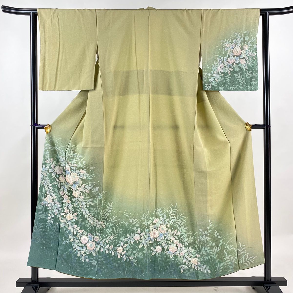 訪問着 身丈155cm 裄丈62.5cm S 袷 辻が花 染め分け ぼかし 灰緑 正絹 名品