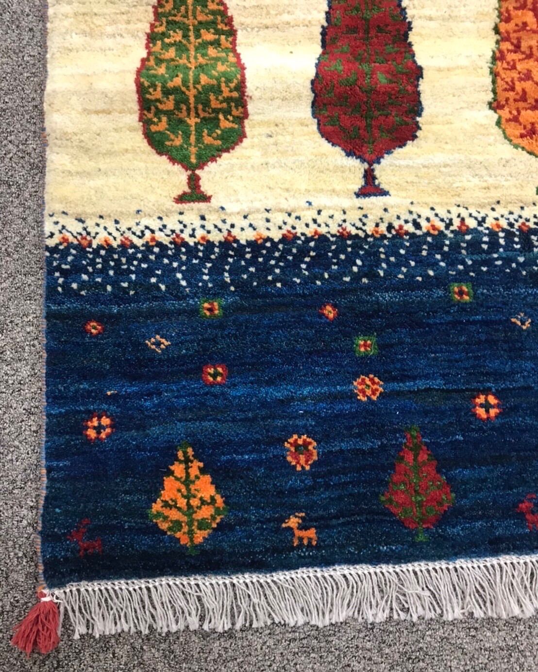 新品 ペルシャ絨毯 手織り ギャッベ ナチュラル 青 生命の木 オオカミ 