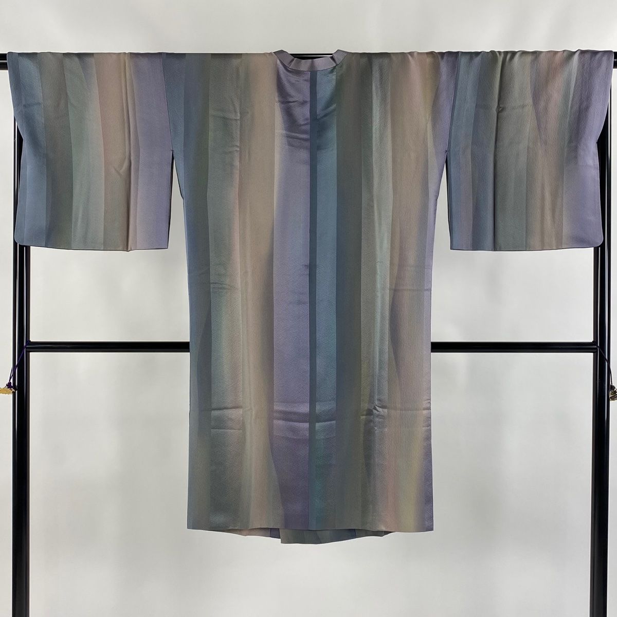道行 身丈107.5cm 裄丈68cm L 和装コート 角衿 縞 ぼかし 灰緑 正絹 名品