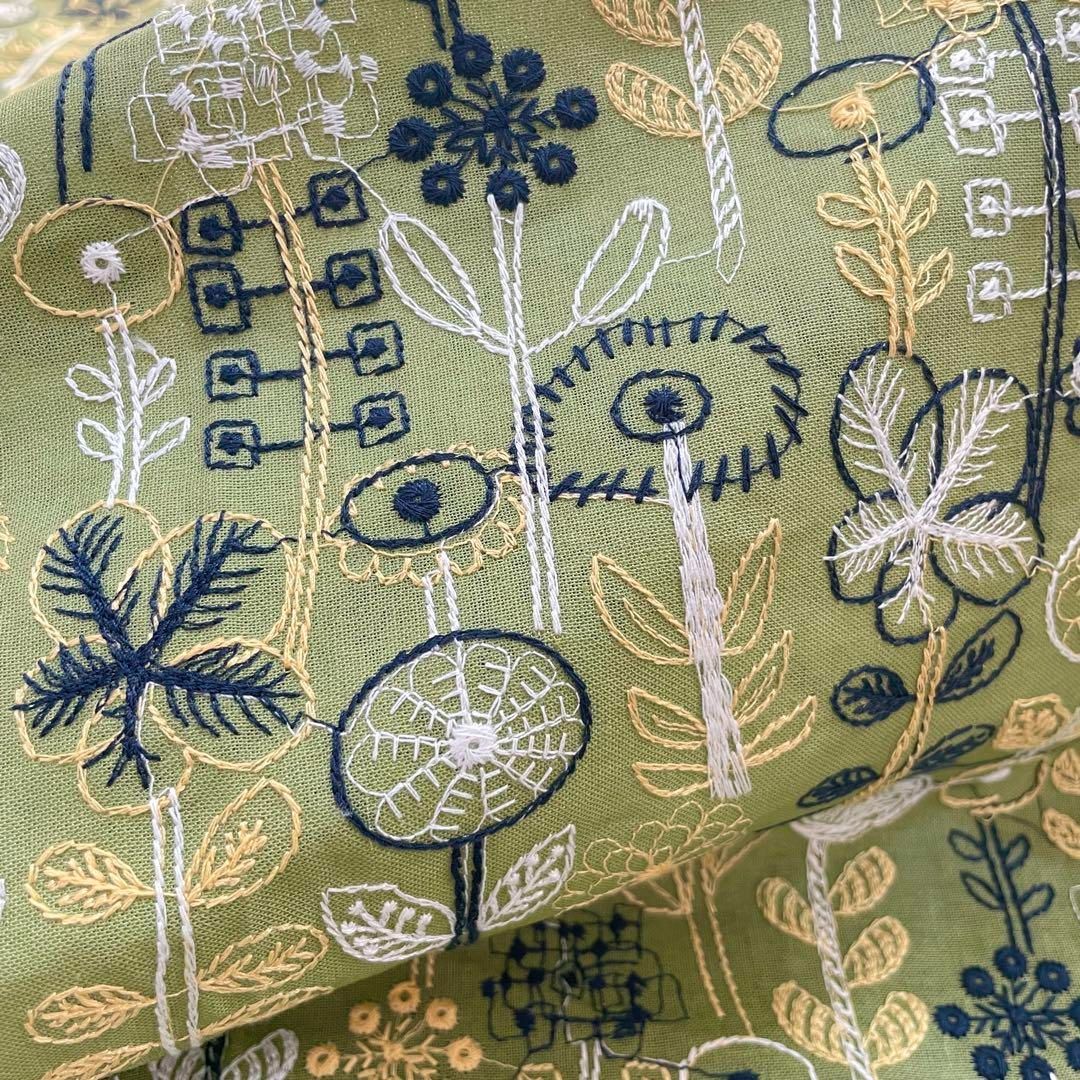 s20-g▽135×50cm▽コットンリネン刺繍生地▽ナチュラル グリーン