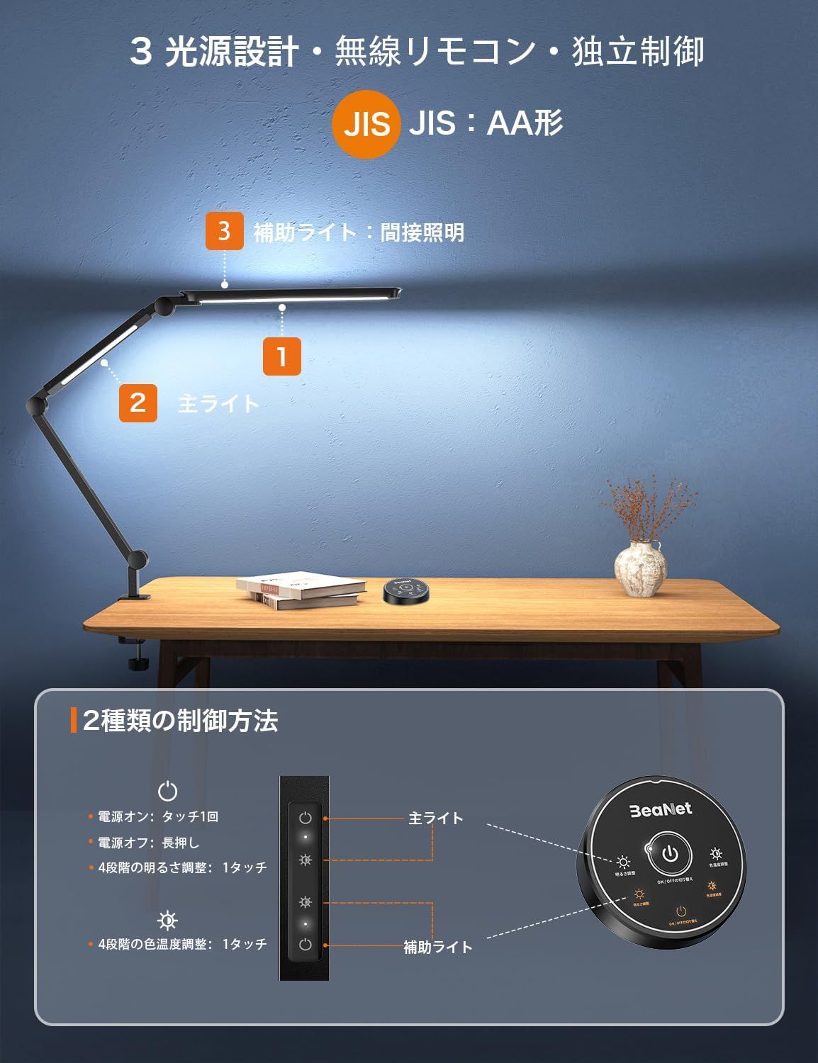 BeaNet デスクライト LED 無線リモコン 3光源Ultra版 JIS AA形 環境補助光 独立制御 4段階調光調色 クランプ 電気スタンド 24W PSE認証済 多角度調節 スタンドライト 目に優しい 卓上ライト 読書|勉強|仕事 ブラッ