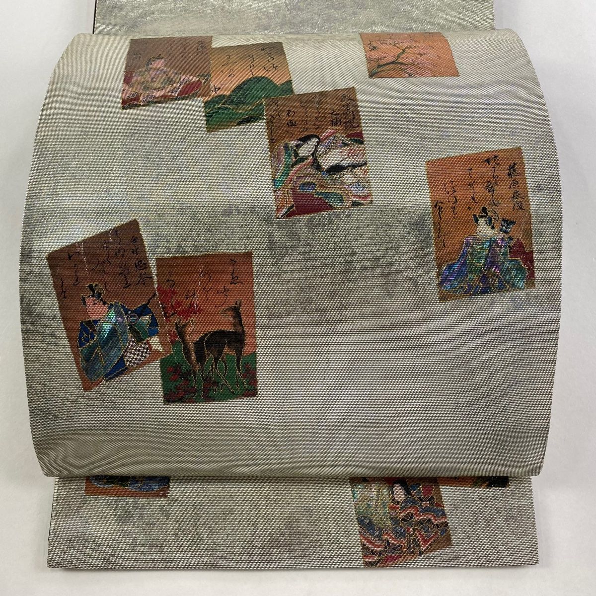 袋帯 百人一首 人物 箔 螺鈿箔 銀色 お太鼓柄 正絹