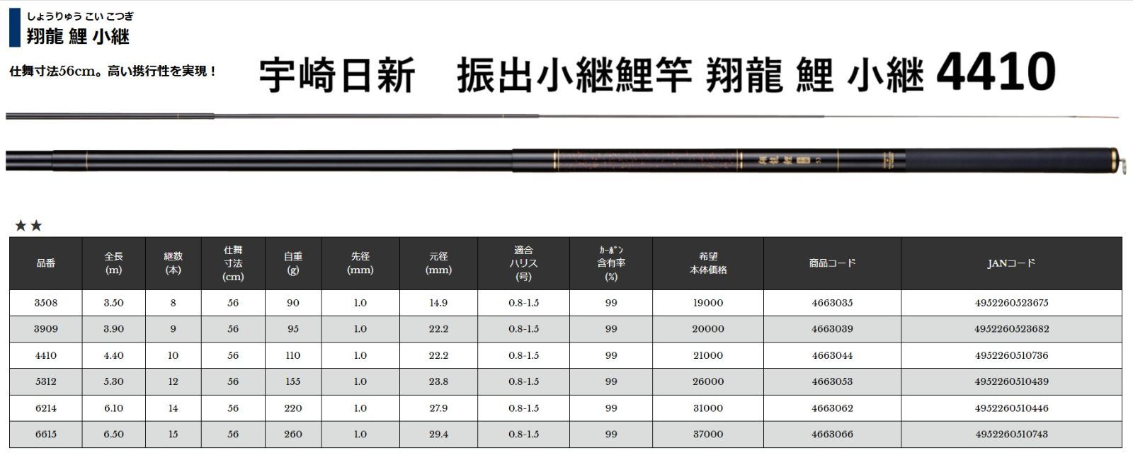 宇崎日新 振出小継鯉竿 翔龍 鯉 小継 4410