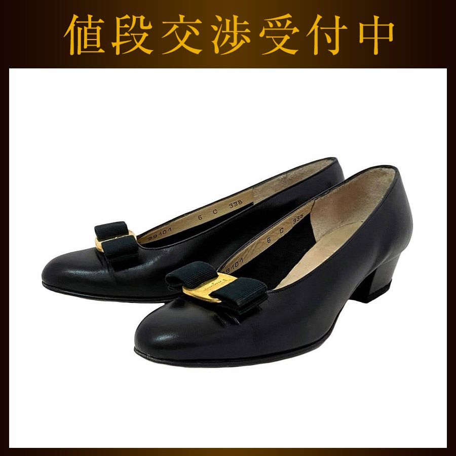 ※メル　【美品】　フェラガモ　パンプス　黒 フェラガモ パンプス 6 B約23.5cm ヒール4.5cm ブラックレザー