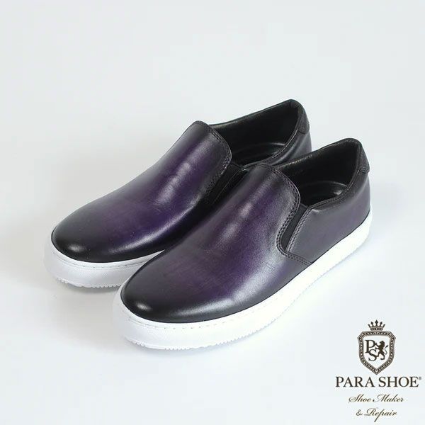 PARASHOE（パラシュー）本革 スリッポン レザースニーカー カジュアルシューズ 手染めアンティーク紫（パティーヌ パープル）ワイズ3E（EEE）【オパンケ（サイドマッケイ）製法・メンズ 革靴