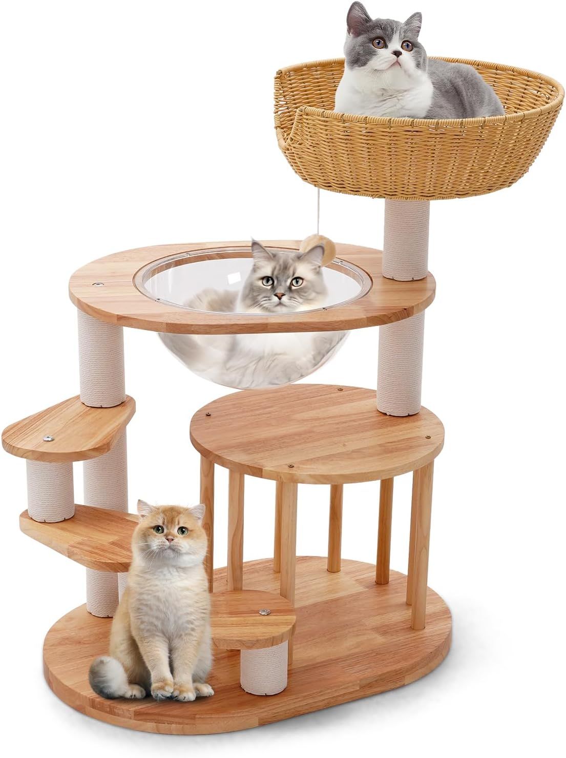 Romiromi キャットタワー 木製 天然木使用 キャットタワー 大型猫用 キャットタワー 宇宙船 猫の立場のための頑丈なサイザルで覆われた傷のポスト 組み立てること容易なスペース カプセル ベッド