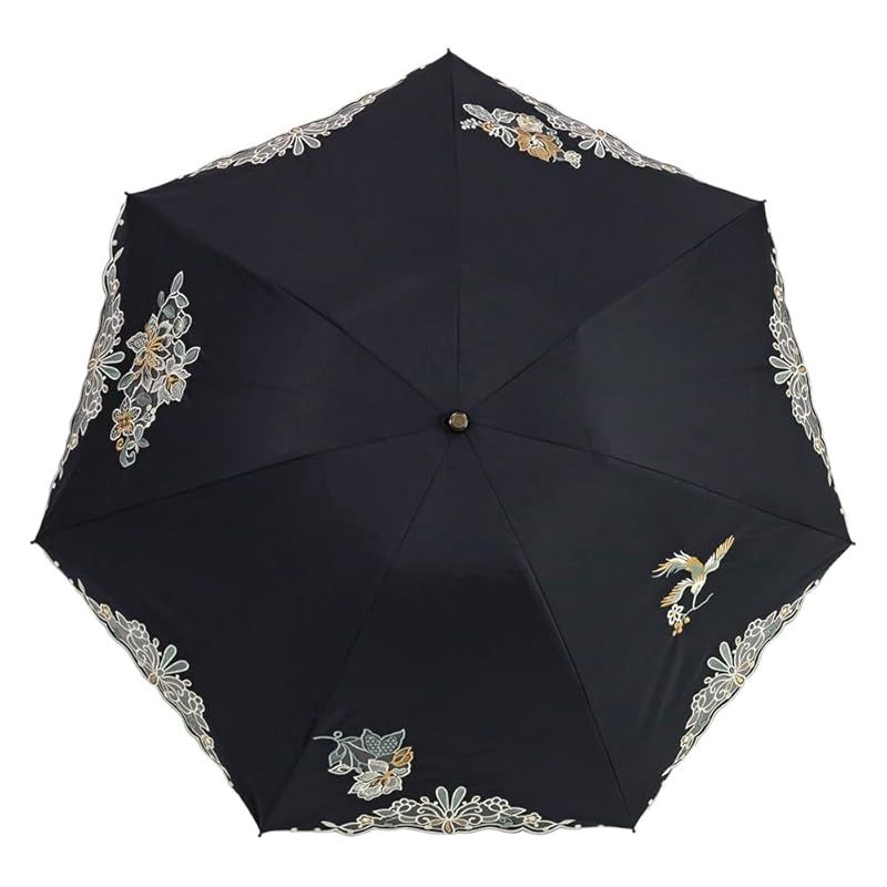 品質が完璧、値段が激安！ シノワズリーモダン 日傘 折りたたみ レディース１級遮光 UVカット 晴雨兼用 カットワーク刺繍 オーガンジー 3段折りたたみ 軽量 花鳥刺繍 ブラック