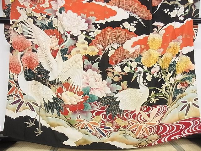 平和屋本店■極上　アンティーク　大正ロマン　振袖　刺繍　松竹梅飛鶴花文　金彩　正絹　逸品　KAAA1299kk4 平和屋本店□極上 アンティーク 大正ロマン 振袖 刺繍 松竹梅飛鶴花文