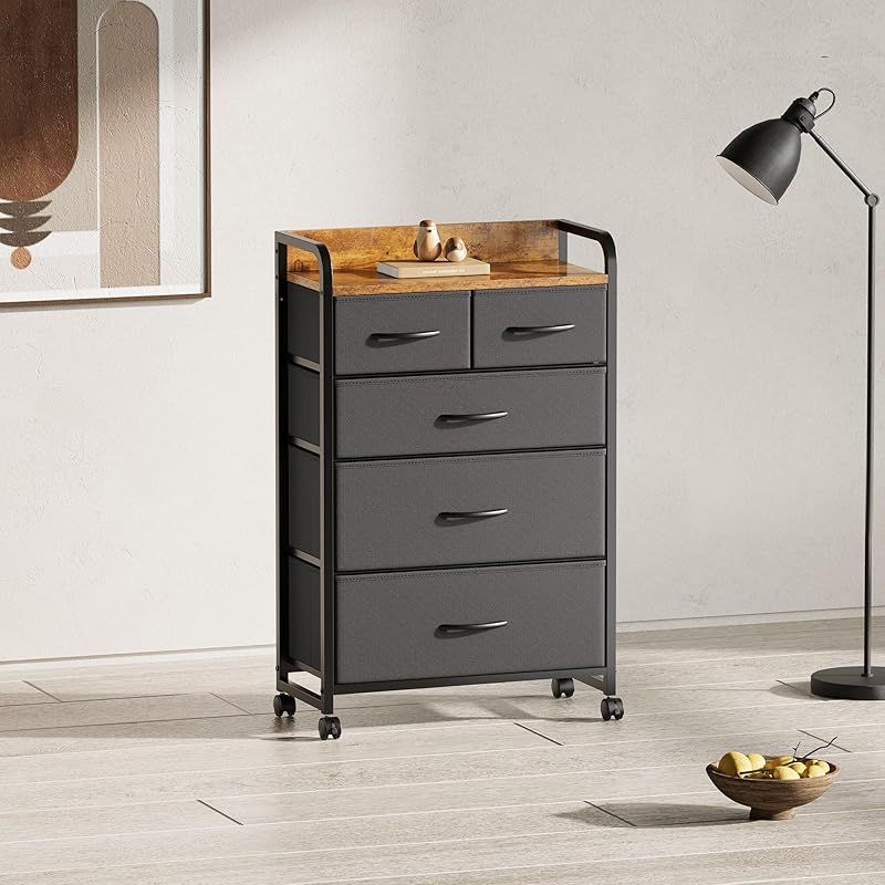 YeTom チェスト タンス 箪笥 洋服タンス 洋服収納 4段収納 引き出し 収納 たんす 衣類収納 ファブリックチェスト リビング 収納 木製天板付き 和風 布製引き出し 転倒防止 安定感 ストッパー付きキャスター L55×W29×H96cm 4段5杯 0