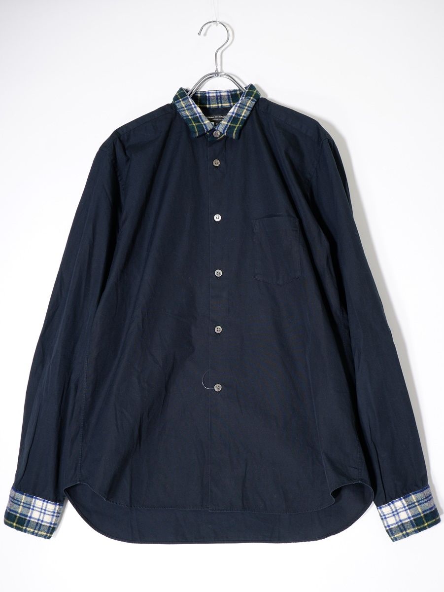 COMME des GARCONS HOMME PLUS/コムデギャルソンオムプリュス チェック縮絨ウール切替 チビ襟コットン長袖シャツ【S】【MSHA74459】
