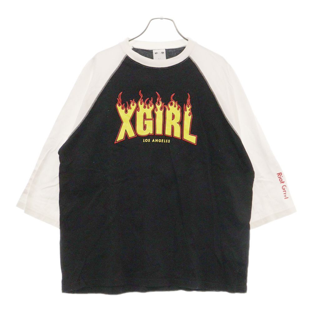 X-GIRL (エックスガール) フロント ファイヤー ロゴプリント ラグラン 長袖Tシャツ カットソー ホワイト/ブラック レディース 05171101