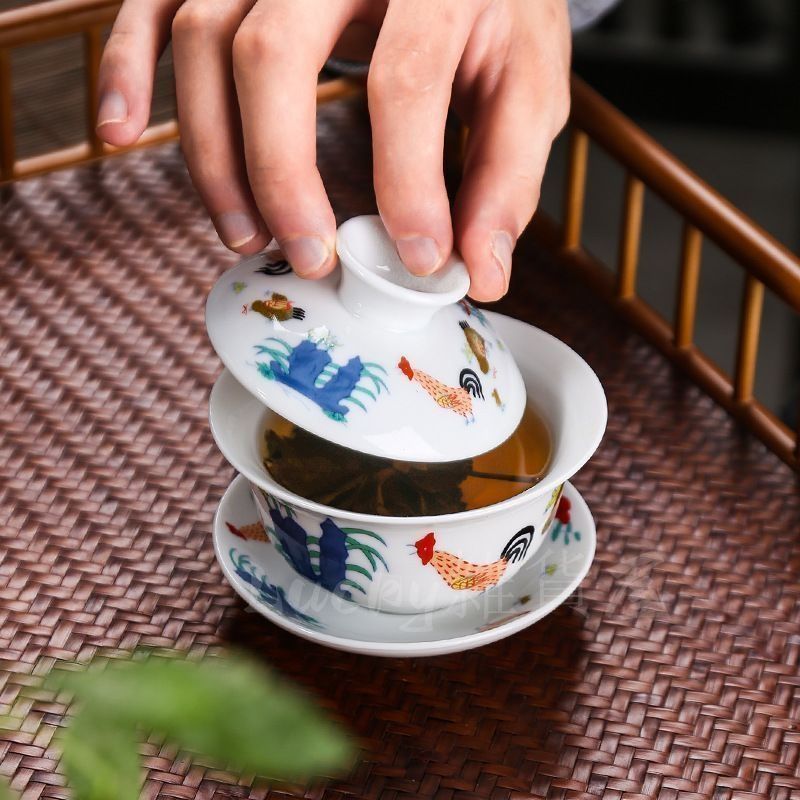 新品・未使用】雄鶏三才 蓋碗茶 茶碗 茶杯 景徳鎮カンフー 茶器