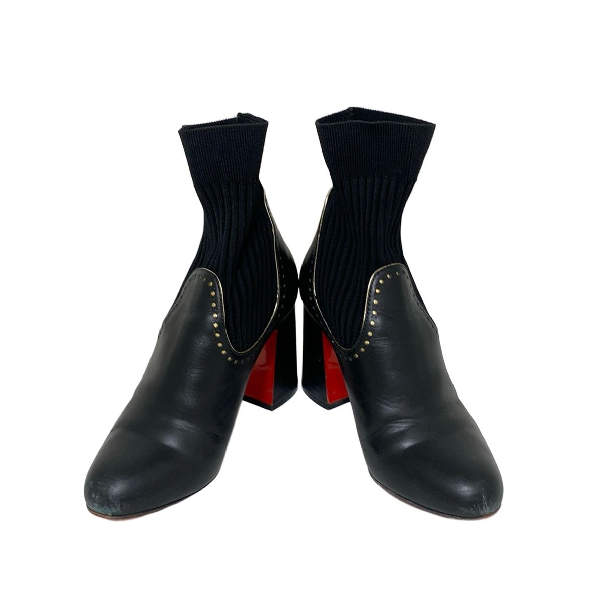 クリスチャンルブタン ショートブーツ 36 レディース - 黒×ゴールド パンチング ソックスブーツ アウトソール張替済 レザー