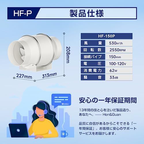 HF-150Pφ150mm Hon&Guan ダクトファン 150mm 強力 省エネ 静音 ダクト用換気扇 塗装ブース用 家焼肉 中間取付 丸形タイプ  産業用換気扇 HF-150P - メルカリ