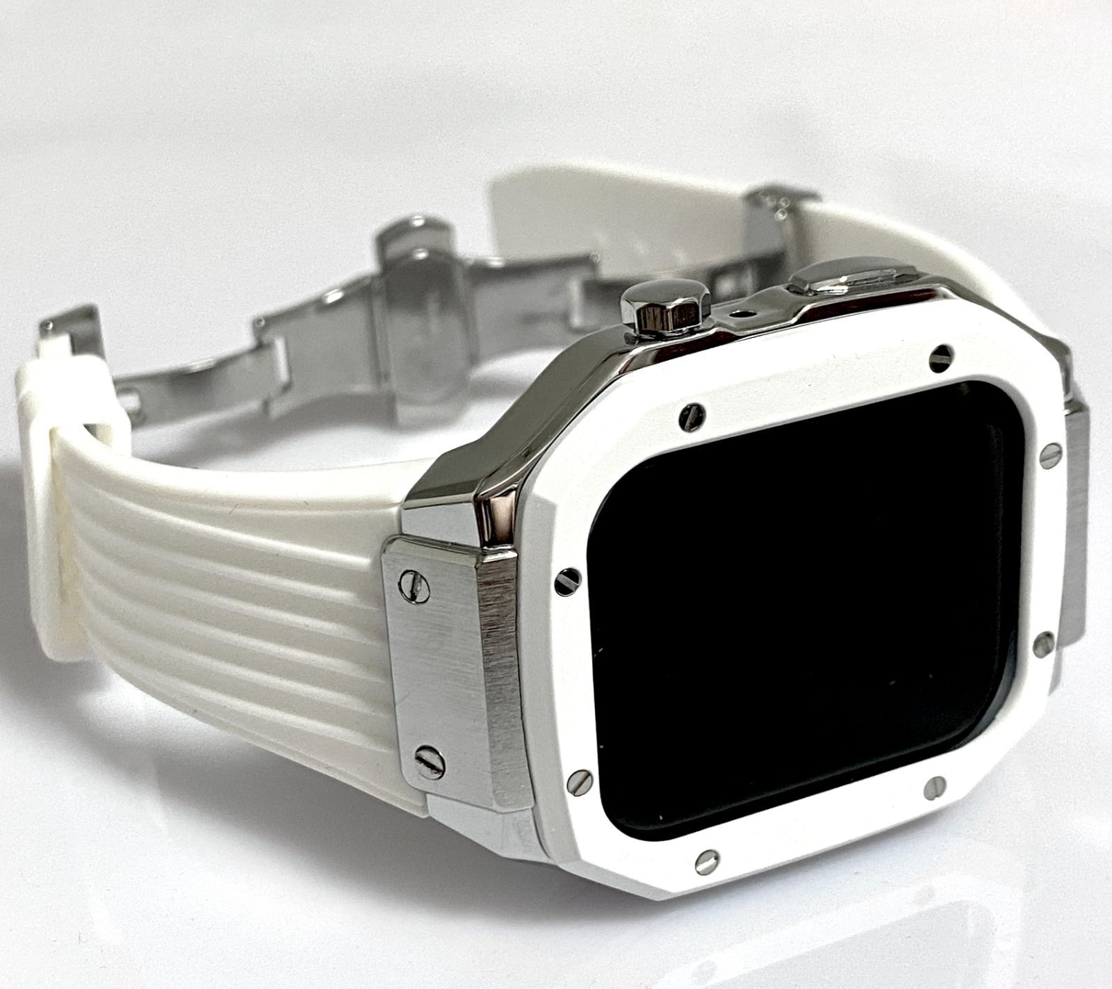 ホワイト アップルウォッチバンド ラバーベルト ステンレス カバー  