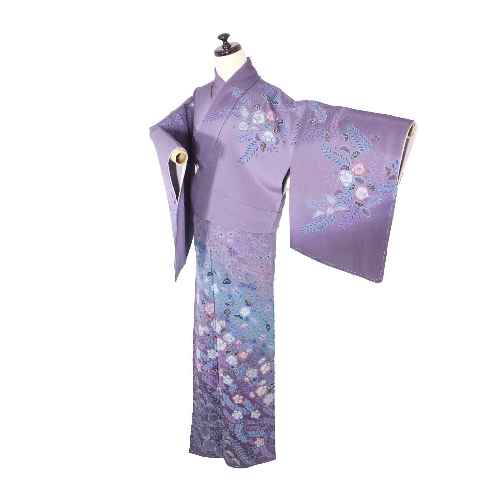 綺麗【訪問着・正絹・辻が花・絞り・暈し染め】紫・パープル・クリーム・緑 辻が花訪問着 袷 正絹 薄紫 エメラルドグリーン 紫 絞り 辻が花 M