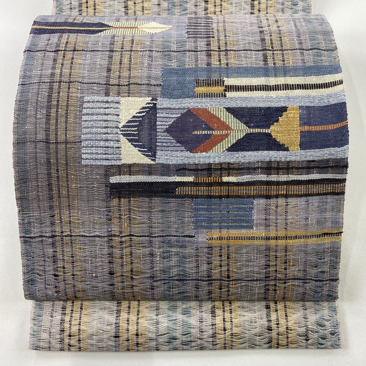 袋帯 秀品 やまと 縞 幾何学模様 灰紫 お太鼓柄 正絹