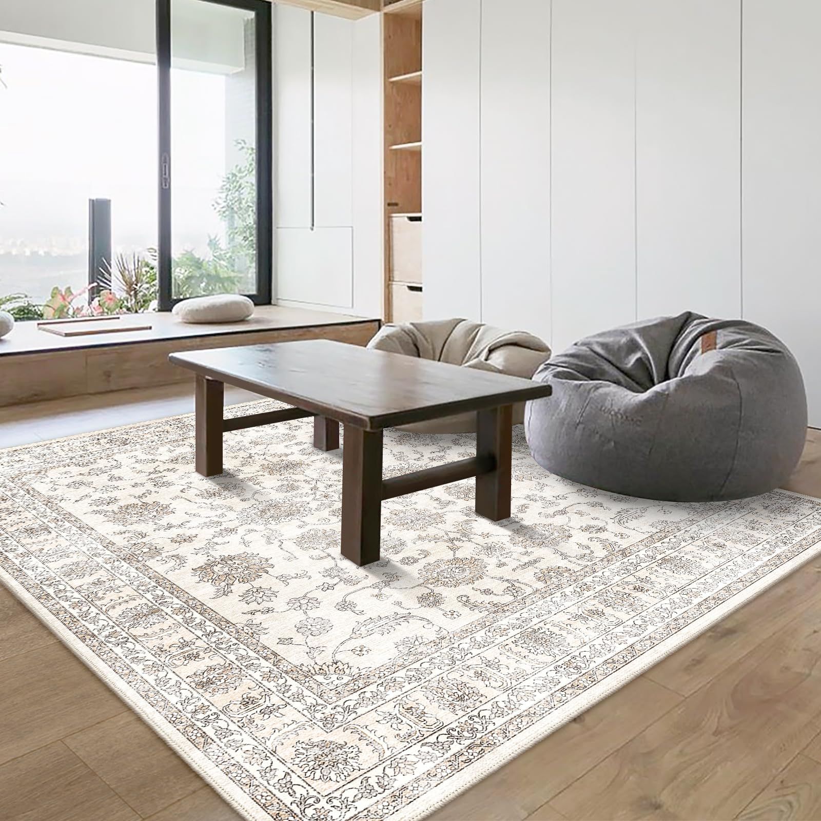FORTSEA 洗えるラグマット 2畳 190×190cm 正方形 防音 滑り止め ペルシャ風 カーペット 花柄 短毛 リビング ダイニング 寝室用 軽量 丸洗いOK