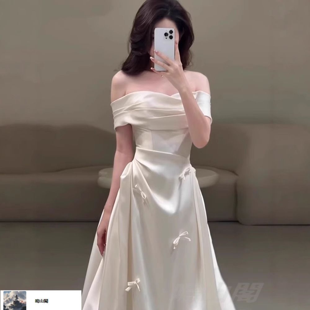 感ホワイト婚約ドレス｜フランス風レトロオフショルダー軽ウェディングドレス｜ シンプルお出かけドレス｜夏用ブライダルドレスCYB19デザイン刷新