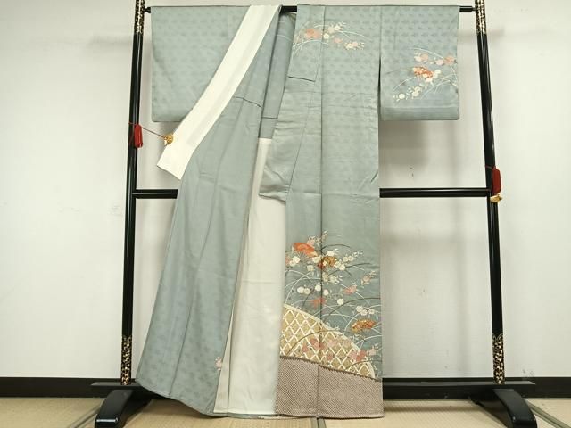 平和屋着物▽訪問着　単衣　駒刺繍　絞り　扇面花文　金彩　正絹　逸品　AAAW1406fy 平和屋着物▽訪問着 単衣 駒刺繍 絞り 扇面花文 金彩 正絹 逸品