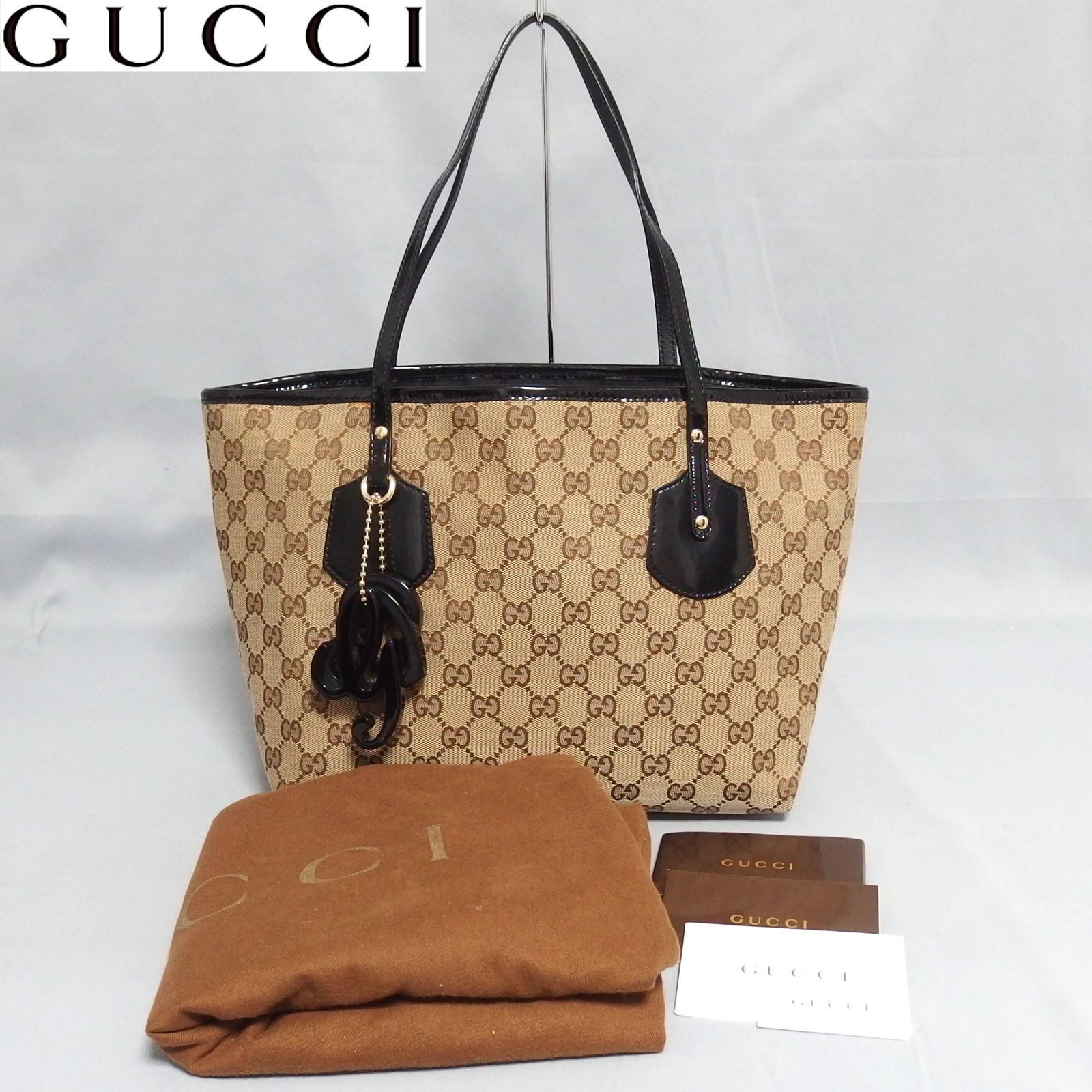 美品☆GUCCI GGキャンバス トートバッグ 211976 チャーム付き エナメル 
