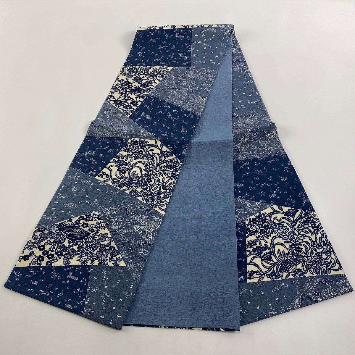 栗山吉三郎　染め袋帯 袋帯 美品 逸品 栗山吉三郎 落款 草花 扇 縮緬 青灰色 全通 正絹