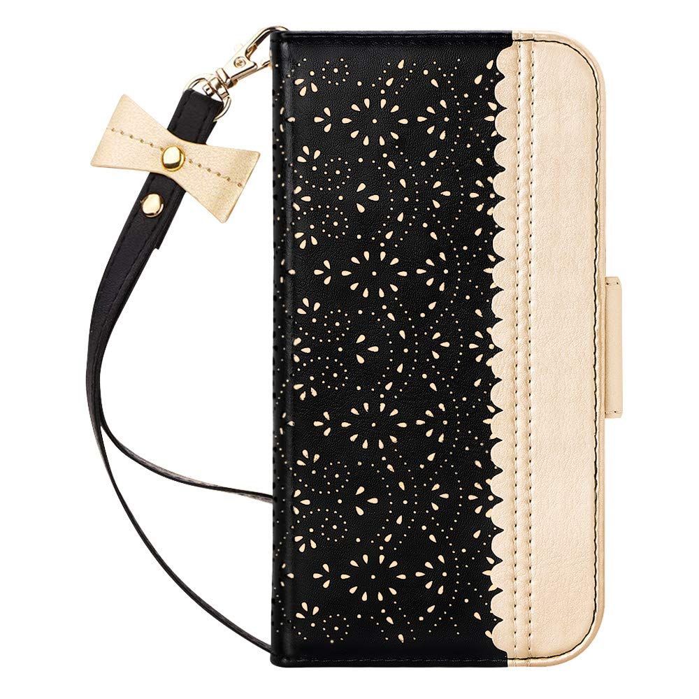 【色: ブラック】ワイヤレス充電対応 カード収納 Qi スタンド機能 鏡付き ス