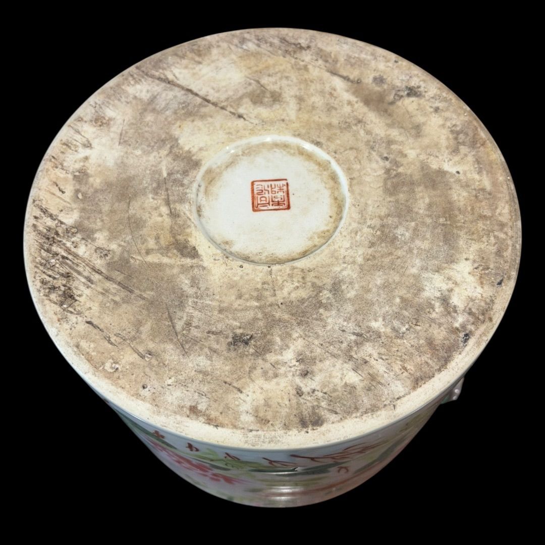 中国美術 希少 色絵 蓋つき Jar 花鳥文 時代物 刻印あり 中国