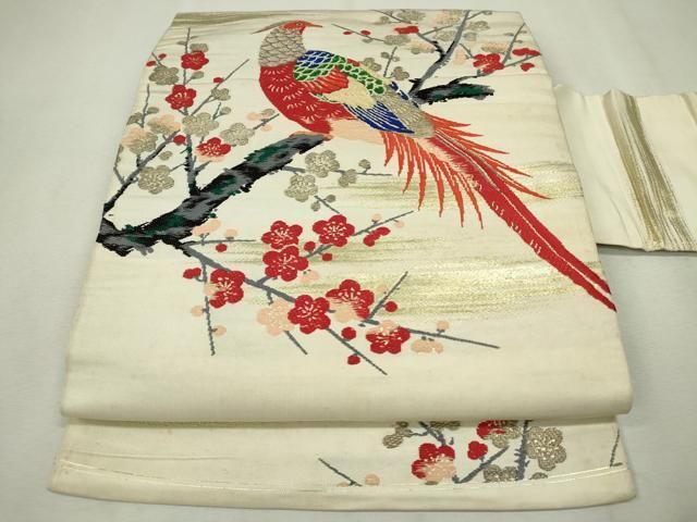 平和屋着物□アンティーク 大正ロマン 九寸名古屋帯 唐織 尾長鳥枝梅