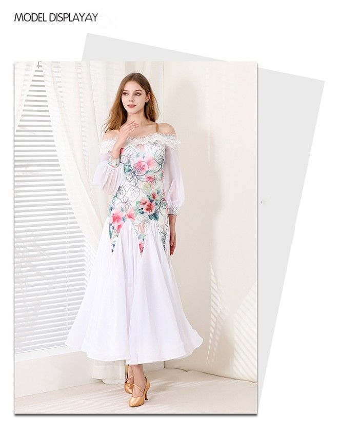 社交ダンスドレス モダンドレス 白 ホワイト 社交ダンス衣装 社交ダンス ドレス 衣装 長袖 大きい裾 ドレス ワルツダンス ステージ衣装 ダンス衣装 ダンスウェア 競技会 パーティー 発表会 競技着 練習着 舞台 演奏会 演出