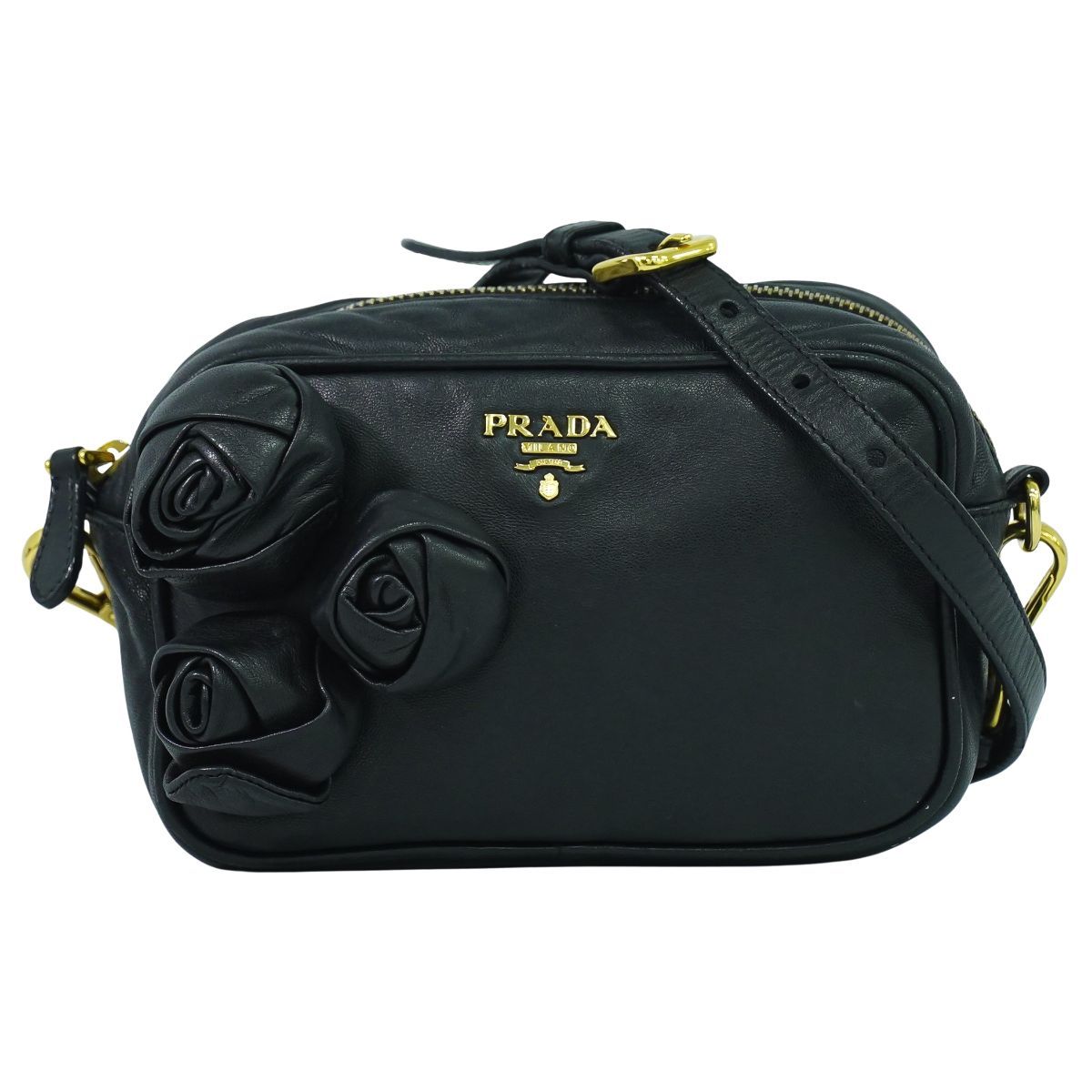 本物 プラダ PRADA ローズ バラ モチーフ ショルダーバッグ ポシェット レザー ブラック BP0166 バッグ フォロー割