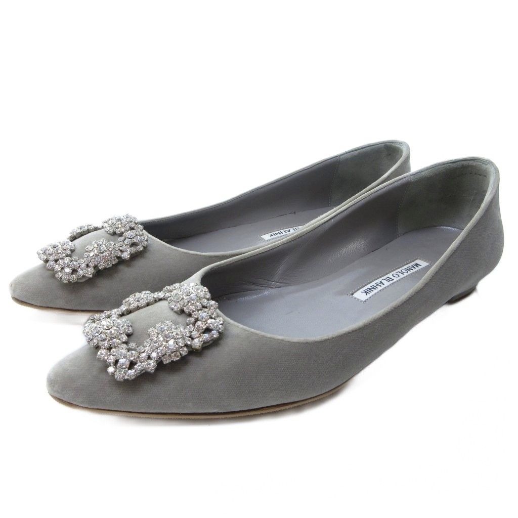 マノロブラニク MANOLO BLAHNIK ハンギシ シルバーラメ パンプス フラットシューズ ポインテッドトゥ グレー 約26cm IBO81