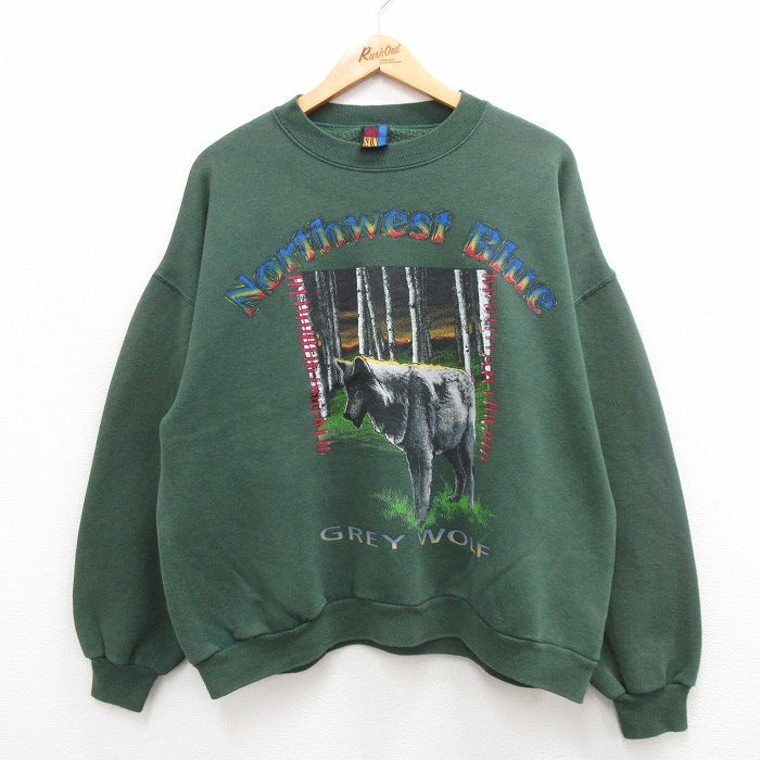 XL/古着 長袖 スウェット メンズ 90s オオカミ ノースウエスト 大きいサイズ クルーネック 緑 グリーン 24apr22 中古 スエット トレーナー 