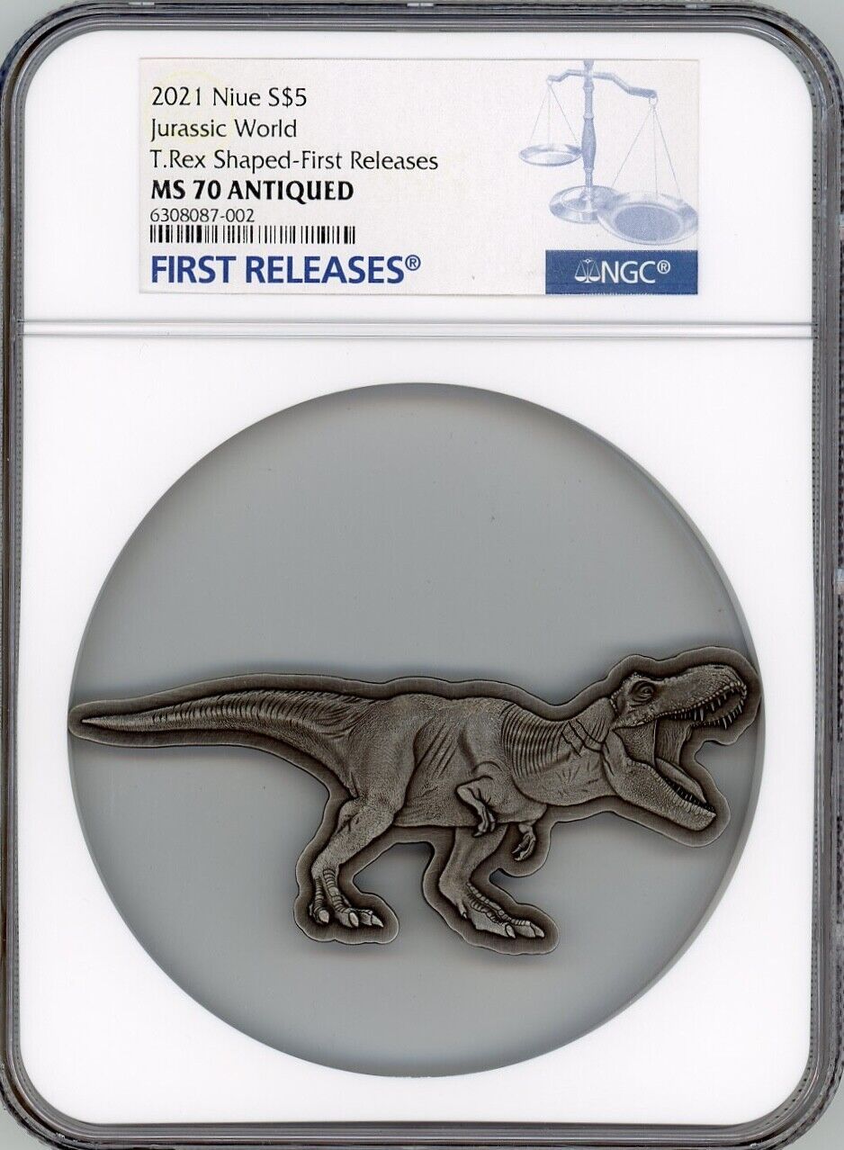 JURASSIC WLD T-REX SHAPED 2oz SILVER ANTIQUED 2021 NIUE $5 COIN NGC MS70 FR